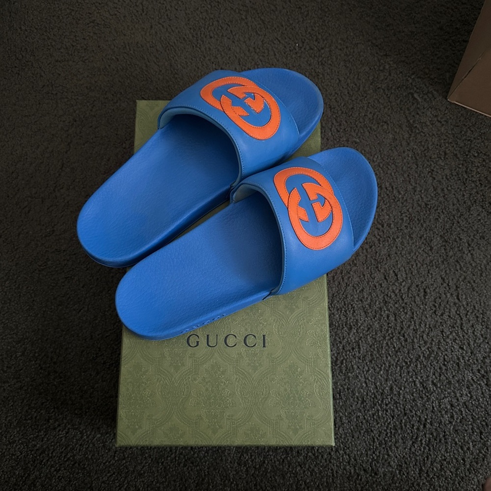 Gucci Vibrant Blue Slides with Orange Logo